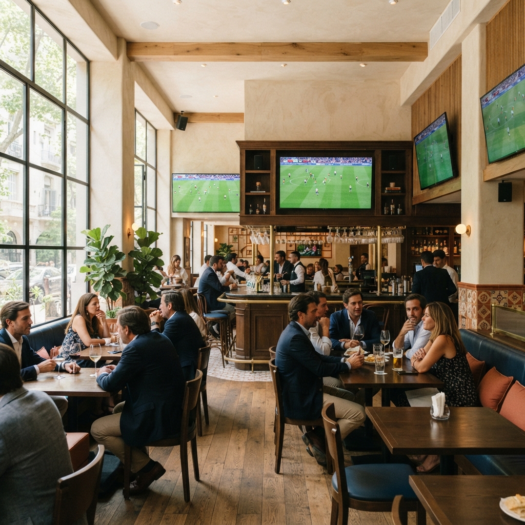 Light-filled Cancha Norte style interior with tables, navy seating and large sports screens