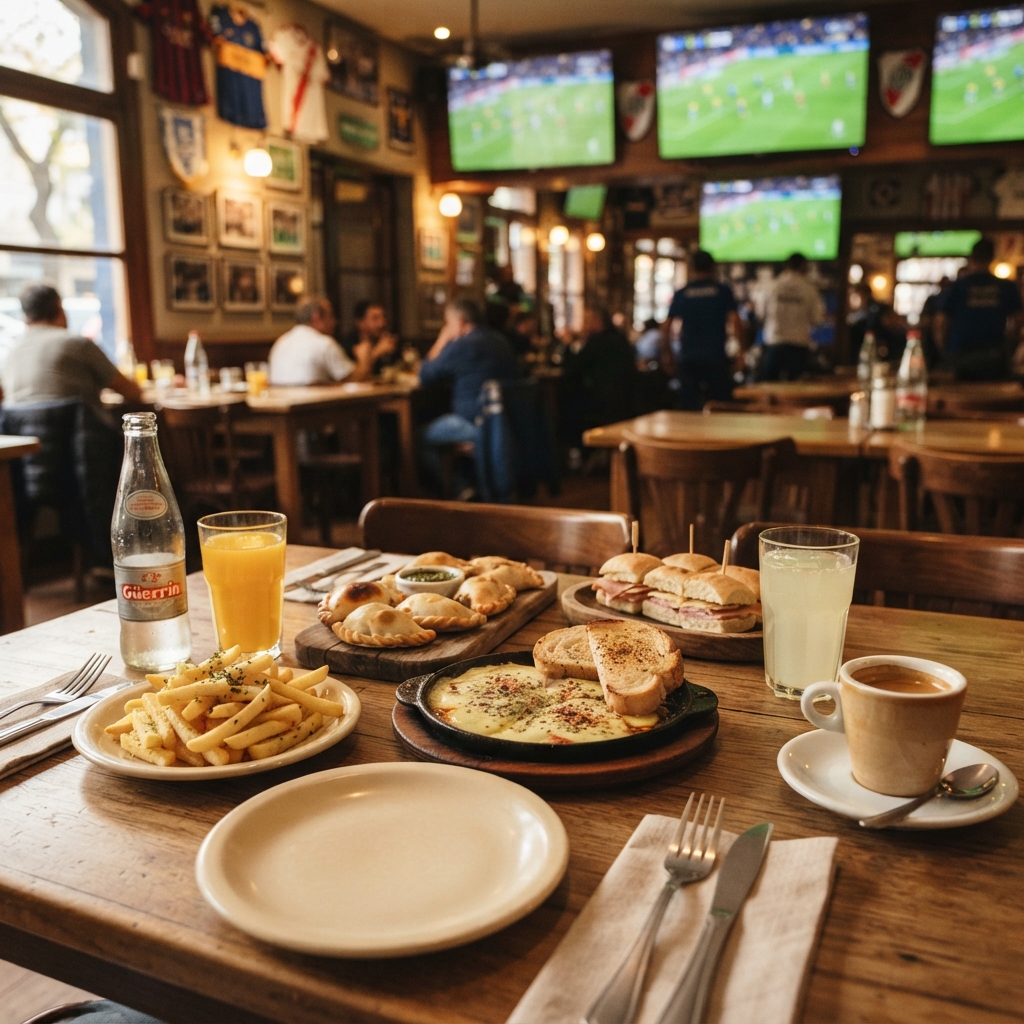 Sharing plates, sandwiches, coffee and soft drinks on a table with sports screens in the background