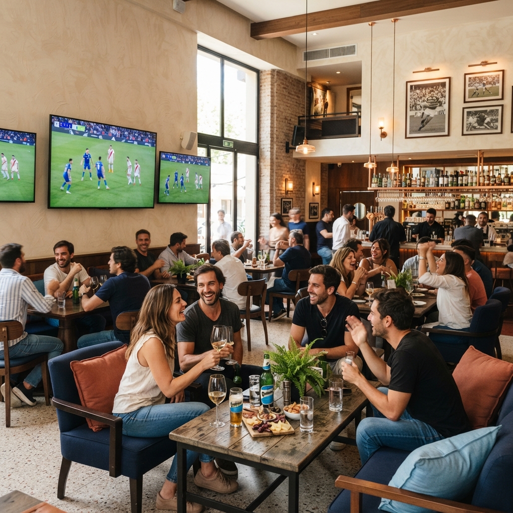 Bright Buenos Aires social club with adult guests watching sport on large screens