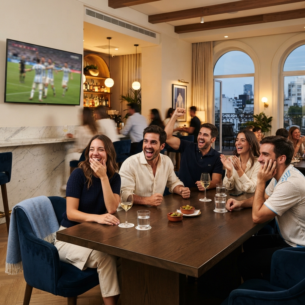 Adult friends reacting to a dramatic football moment inside a bright Buenos Aires social club